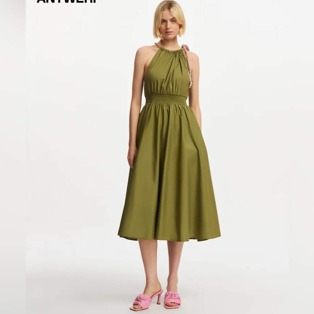 ESSENTIAL ANTWERP Khaki cotton halter neck midi dress. Size 4.
